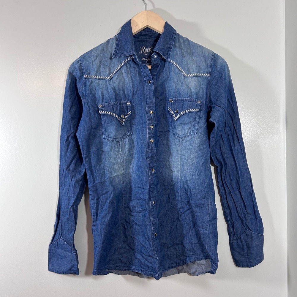 Rock 47 by Wrangler Womens Western Denim Snap Shirt Blue Whipstitch S
